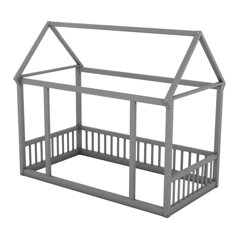Floor Wooden Bed with House Roof Frame and Safety Guardrails