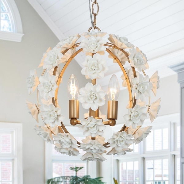 Veitchii Mid Century Modern 3 Lights Orb Chandeliers Art Decor Handmade Ceramic Flower LED Pendant D 13.8 x H 75.2 White