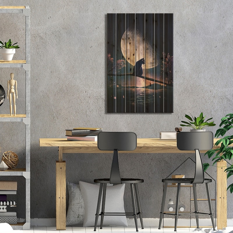 Black Cat And Moon Print On Wood by Adam Cousins - Multi-Color
