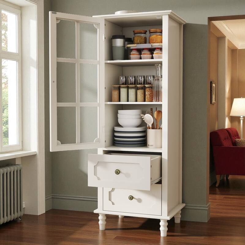 Minimalist Buffet Cabinet with Glass Doors and Drawers, Modern Wooden Storage Sideboard for Dining or Living Room