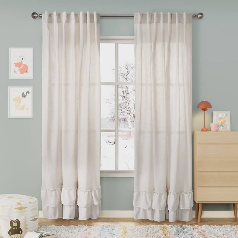 Linen Texture Double Ruffle Semi-sheer Curtain Pair(2 panels)