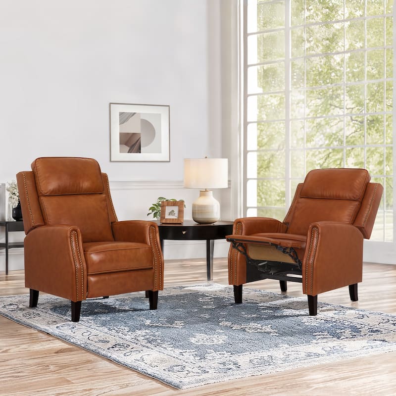 Genuine Leather Recliner Push Back Recliner Chair 3 Adjustable Armchair with Wooden Legs for Living Room, Bedroom - Camel/Set of 2