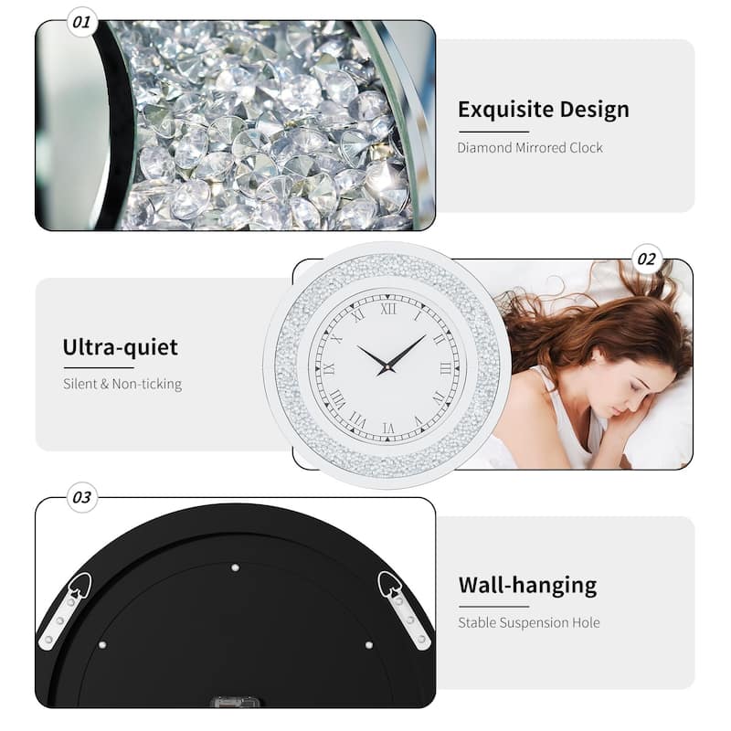 Contemporary Round Glass Wall Clock Crystal Diamond Inlay
