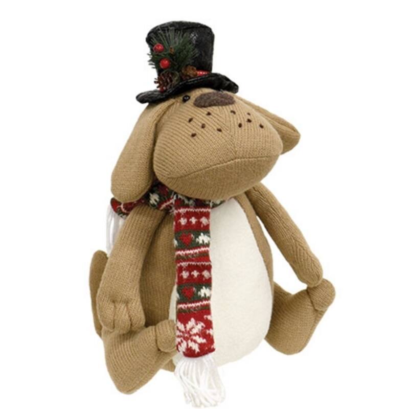 Freestanding Plush Dog Ornament with Red Green Scarf and Top Hat for Holiday Home Decor - 12" H x 9" W x 6" D