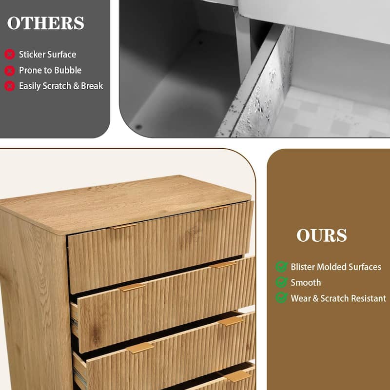 5 Drawer Fluted Dresser, 48" Tall Modern Wood Storage Chest