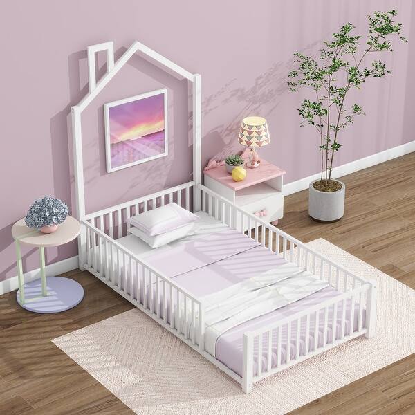 slide 2 of 10, Twin Size Metal House Platform Bed with Guardrail and Chimney White