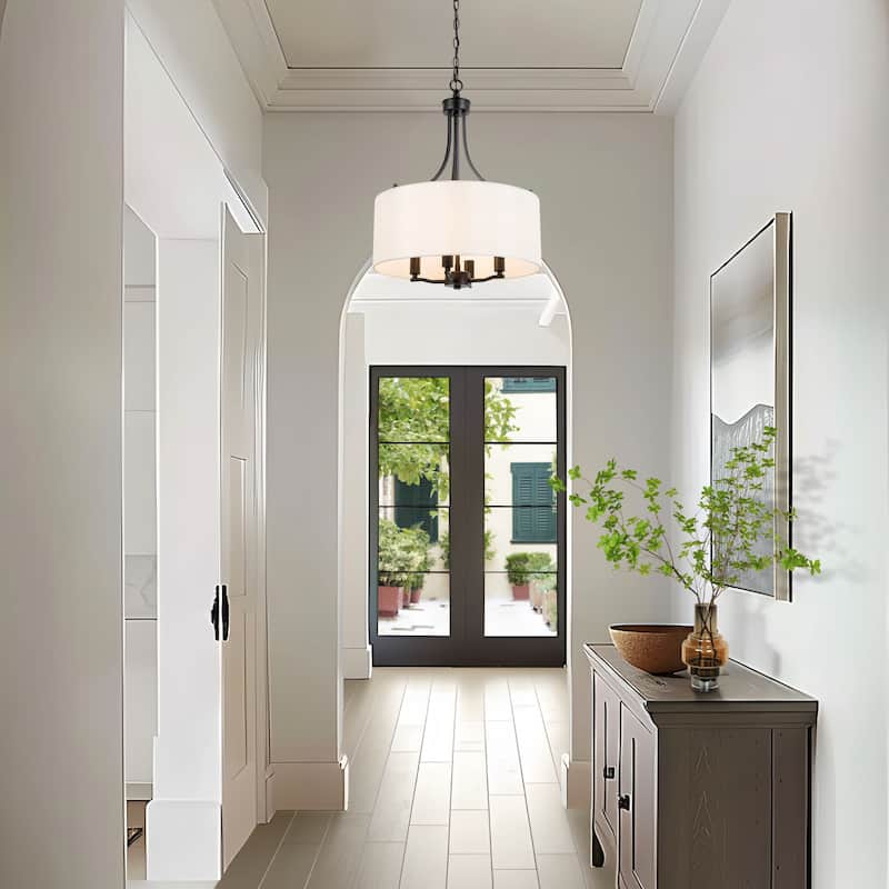 Modern Farmhouse Drum 4-Light Transitional Chandelier with Fabric for Dining room - 16'' L x 16'' W x 21.5'' H