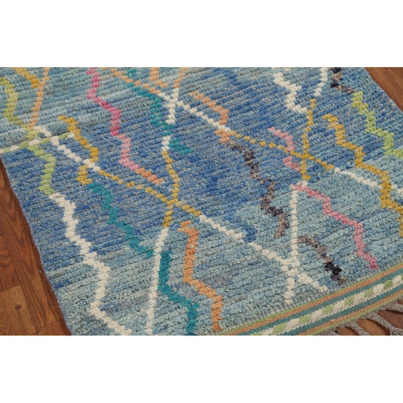 Contemporary Blue Moroccan Runner Rug Hand-Knotted Wool Carpet - 2'10"x 16'1"