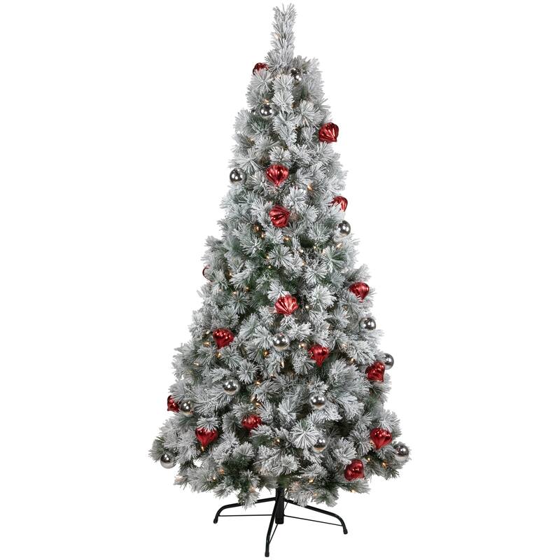 Pre-Lit Snowy Bristle Pine with Ornaments Artificial Christmas Tree - 6' - Clear Lights
