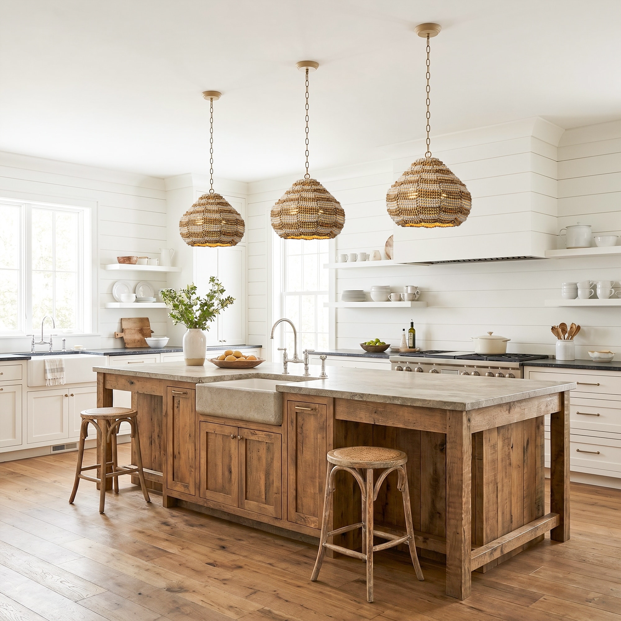 16" Farmhouse 2-Light Bohemian Distressed Wood Beads Chandelier Light