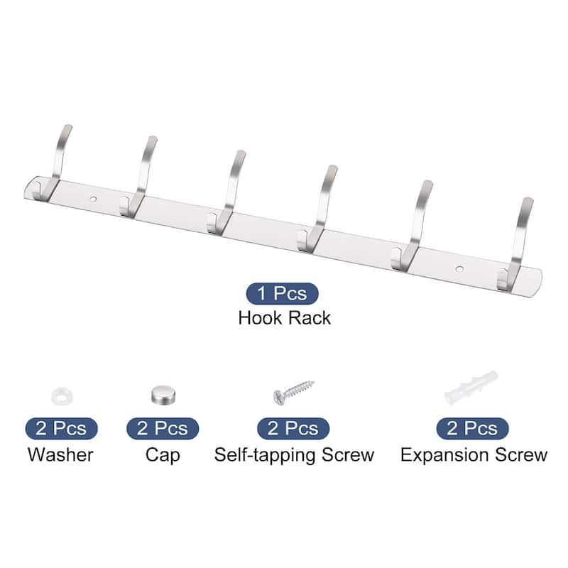 Coat Hook Rack Wall Mounted with 6 Hooks Hook Rail Wall Hangers Silver