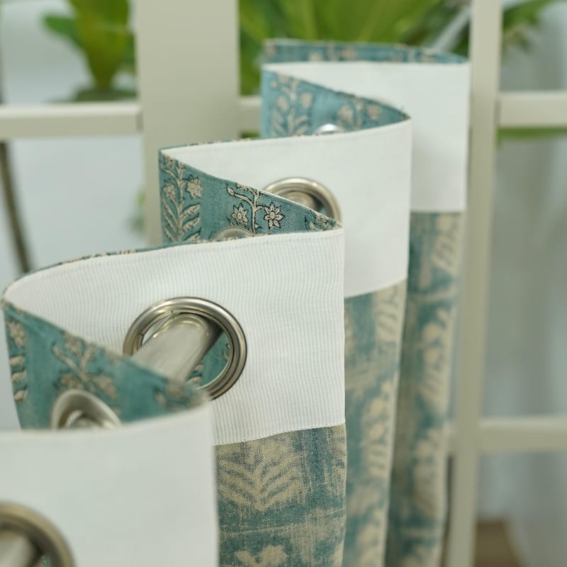 Fabdivine Handmade Soft Pure Linen Fabric Eyelet Curtain Block Print Floral Drape