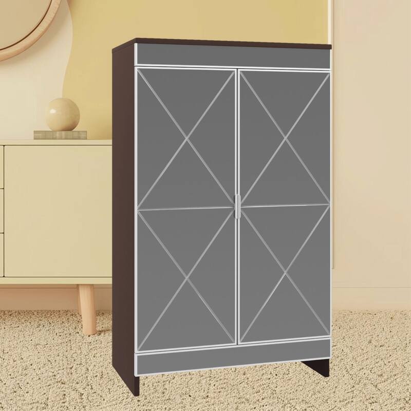 Modern Mirrored Shoe Storage Organizer Cabinet with Frosted Glass and Geometric Carvings for Elegant Storage in Small Spaces - Brown,Silver+Grey