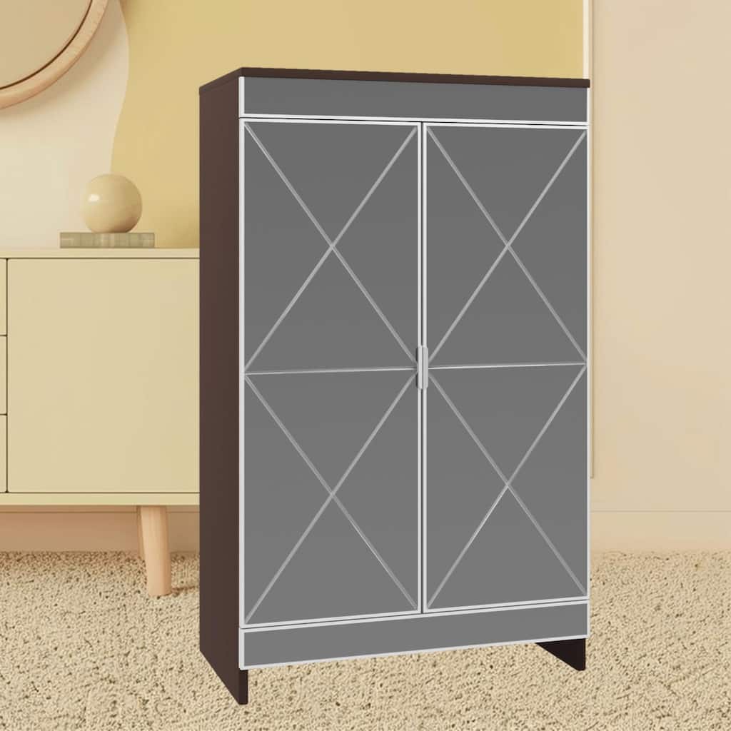 Modern Mirrored Shoe Storage Organizer Cabinet with Frosted Glass and Geometric Carvings for Elegant Storage in Small Spaces