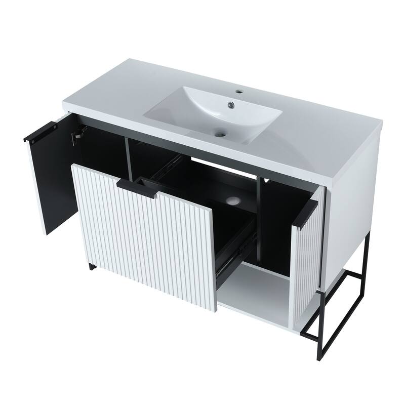 48 inch White Plywood Freestanding Bathroom Vanity Set with Open shelf and Integrated Resin Sink