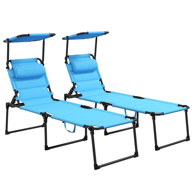 2 Pcs Lounge Chair, Adjustable Backrest Folding Chaise, Cushioned Tanning Chair Sunshade Roof & Pillow Headrest - Blue