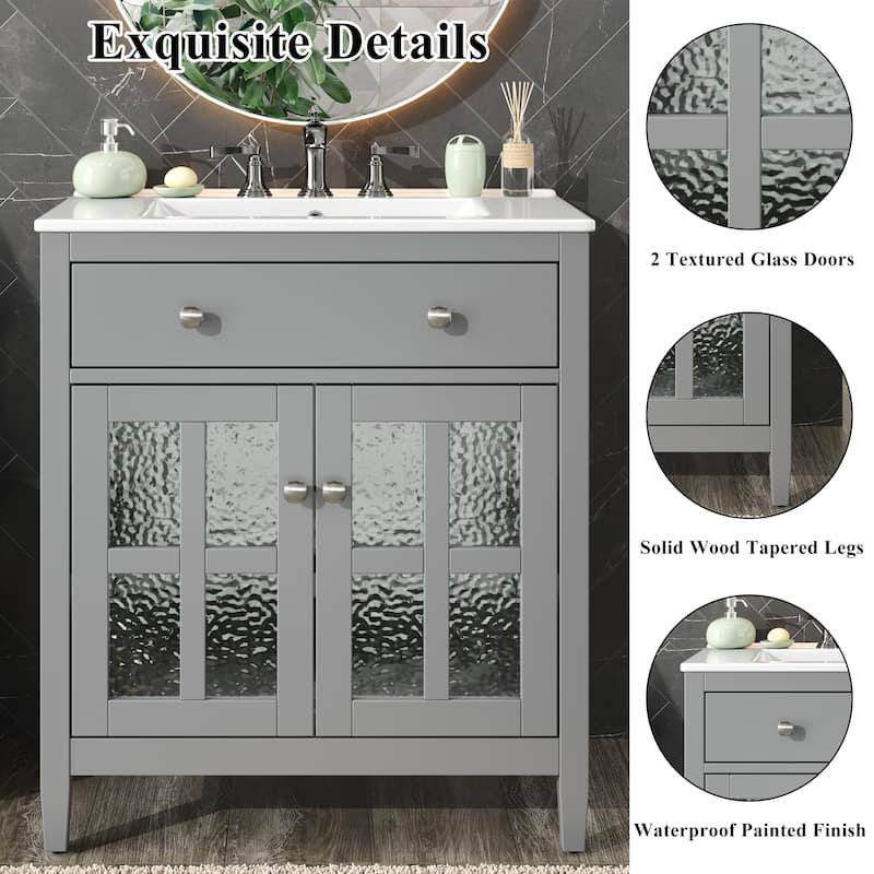 30" Modern Bathroom Vanity Set with Ceramic Sink - Adjustable Shelf & Tip-Out Tray, Soft-Close Hinges, Silver Knobs