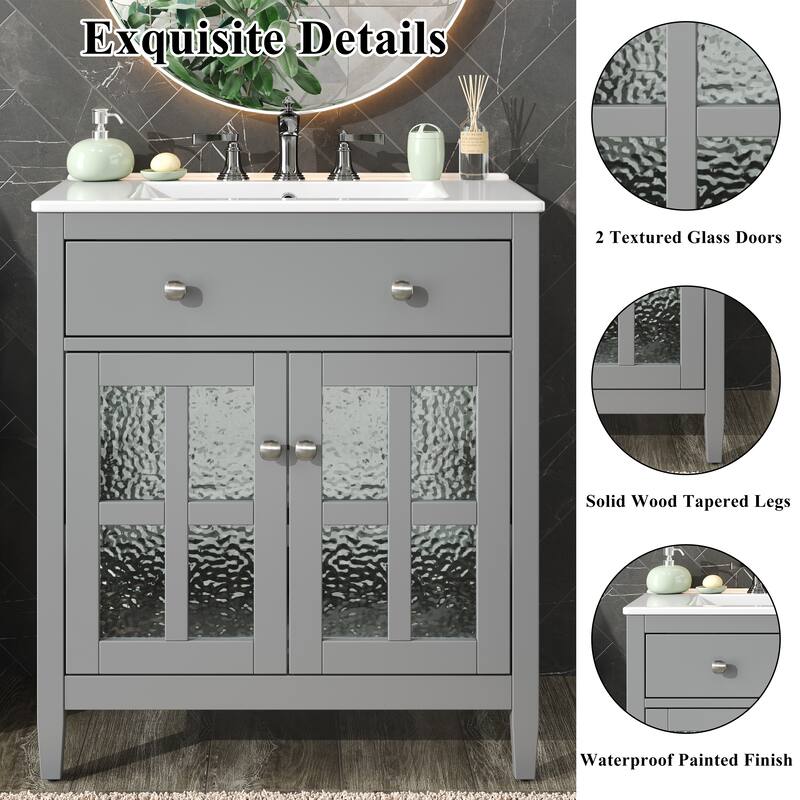 30" Storage Cabinet with Glass Doors, Bathroom Vanity with Ceramic Sink, Adjustable Shelf, Tip-Out Tray and Silver Metal Knobs