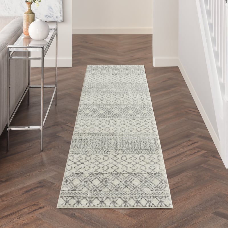 Nourison Passion Moroccan Boho Tribal Geometric Area Rug - 2'2" x 10' Runner - Ivory/Grey - Rectangle