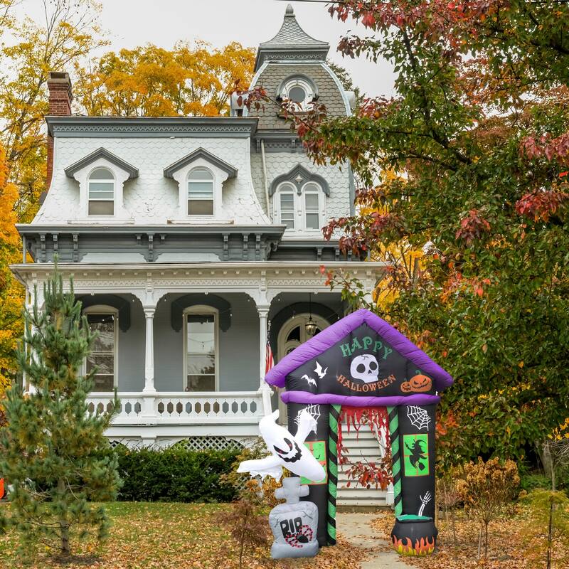 Haunted Hill Farm 9-ft. Prelit Inflatable Haunted House Arch with Ghost, Tombstone, and Cauldron