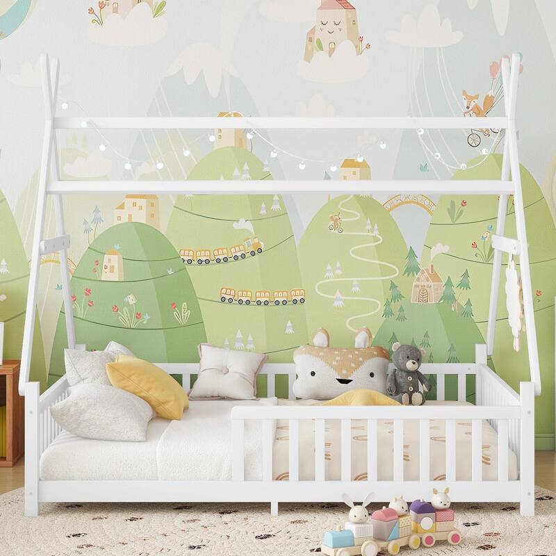 House Bed with Light, Low Floor House Bed with Fence and Roof