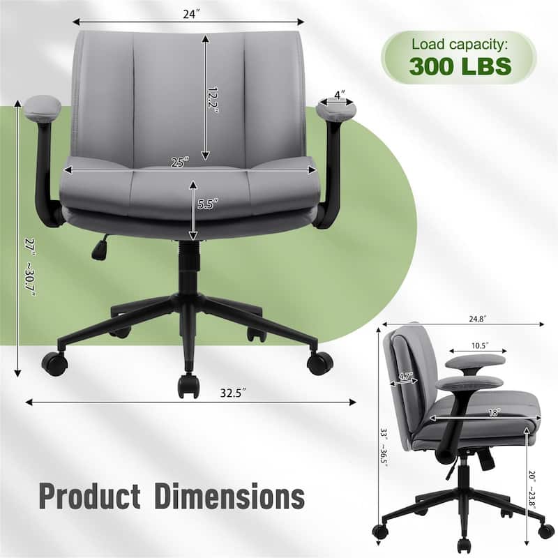 Cross Legged Office Chair on Wheels with Flip-Up Armrests Leather and Wide Seat