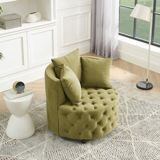 Velvet Upholstered Swivel Chair for Living Room, Tufted Barrel Chair Corner Chair with Movable Wheels & 3 Pillows, Avocado Green