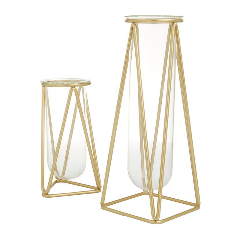 Glass Tube Vase with Metal Stand (Set of 2)