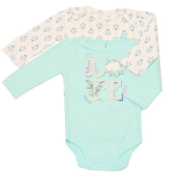 Baby Girls Aqua White "Love" Floral Print Long Sleeve 2 Pc Bodysuit Set