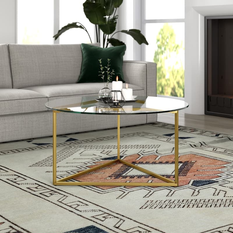 35 Inch Glass Round Coffee Table with Steel Base for Living Room Decor - 35” x 35” x 18”