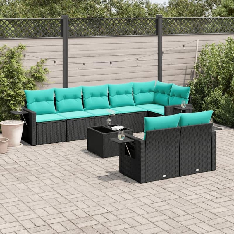 vidaXL Patio Sofa Set with Cushions Outdoor Conversation Furniture Poly Rattan - 24.4 x 24.4 x 27.2 - Black and Blue-With table