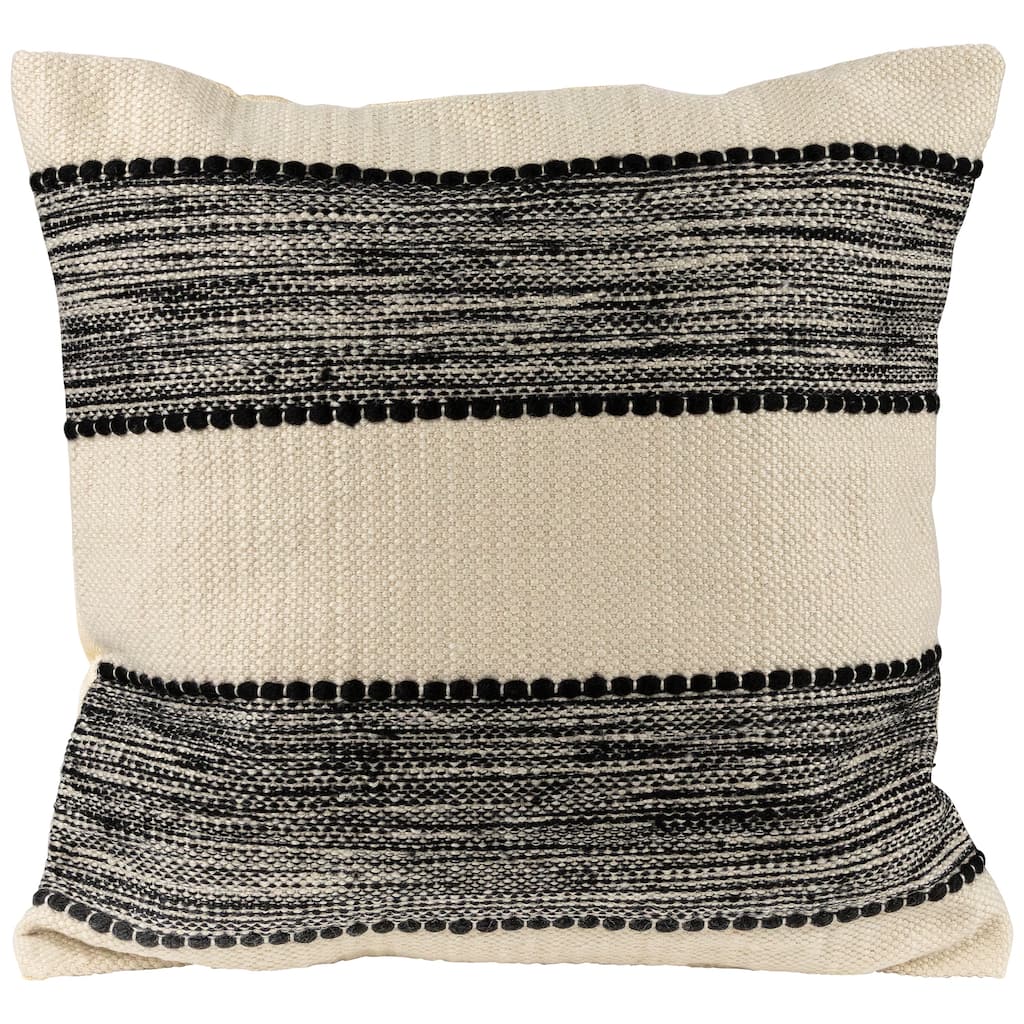 20" Black Cream Textured Block Handloom Woven Square Throw Pillow