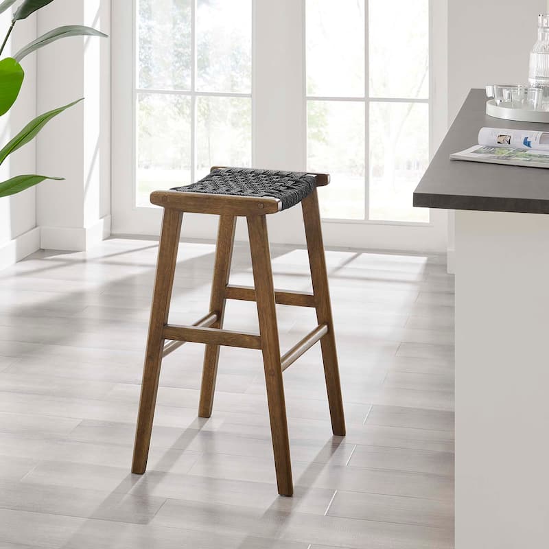 Saoirse Woven Rope Wood Bar Stool - Set of 2 - Walnut - Black