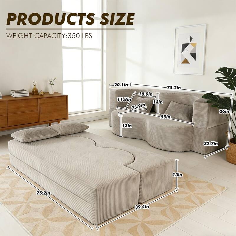 75 Inch Memory Foam 2-in-1 Foldable Sleeper Sofa Bed w/ 2 Pillows for Living Room