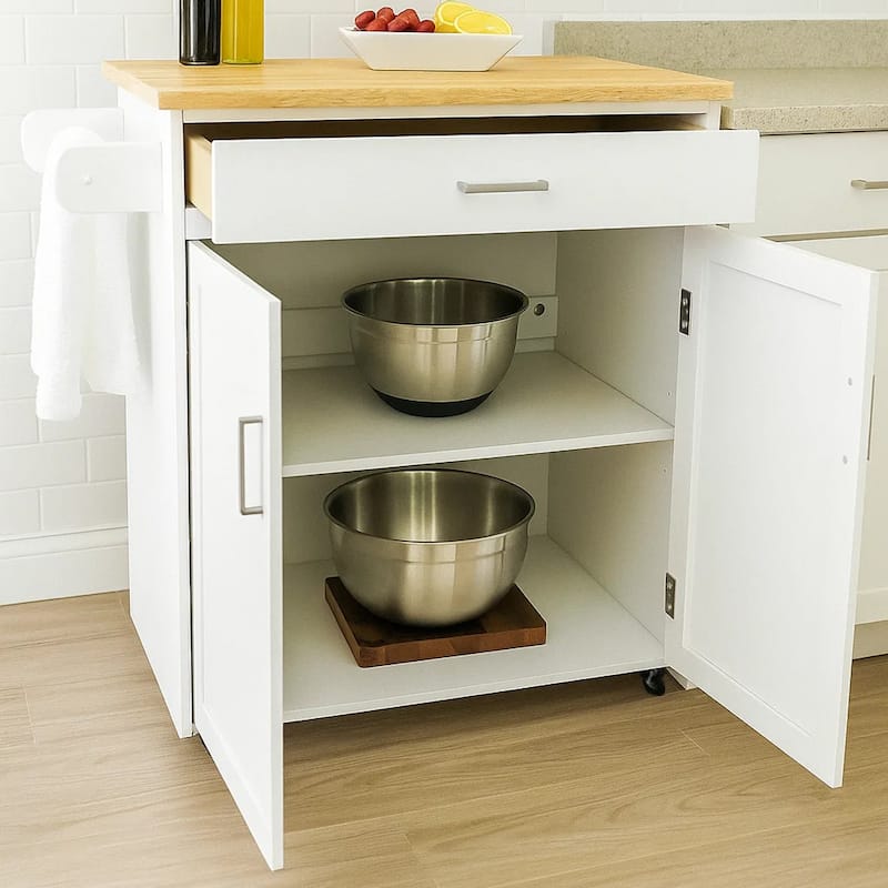 36 Inch Kitchen Islend with Towel Rack, 1 Double Door Cabinet, White Wood