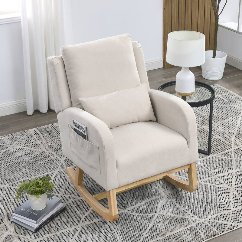 High Back Rocker Accent Chair with Wood Base, One Lumbar Pillow and Two Side Pockets