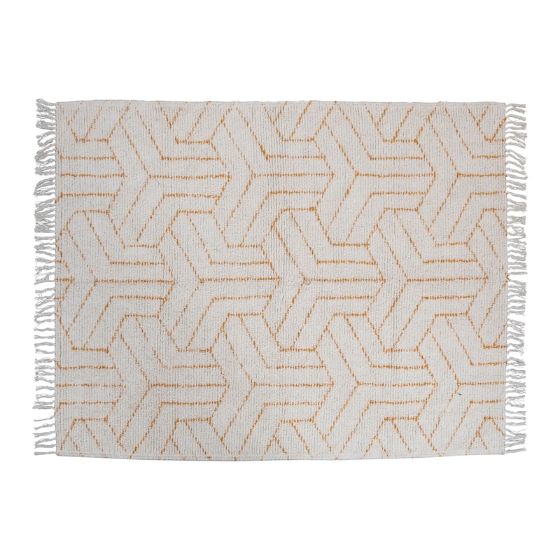 Stonewashed Cotton Tufted Rug with Geometric Pattern and Fringe - 84" L x 60" W x 0" H
