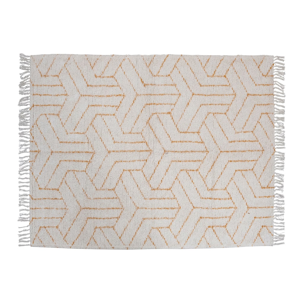 Stonewashed Cotton Tufted Rug with Geometric Pattern and Fringe - 84" L x 60" W x 0" H