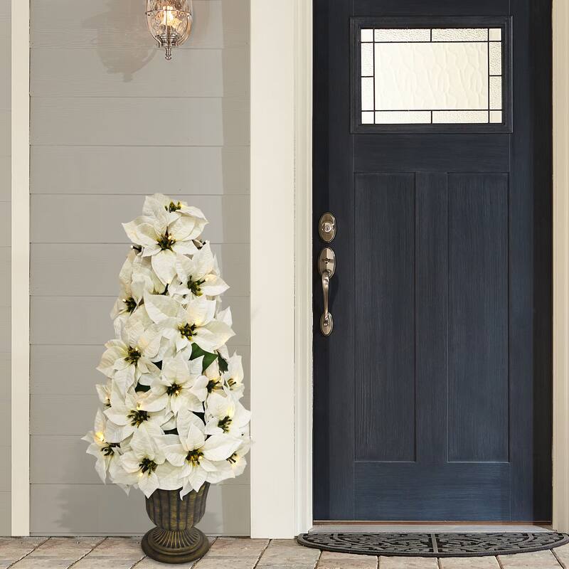 Puleo International 36" Pre-Lit Battery-Operated Artificial Potted White Poinsettias