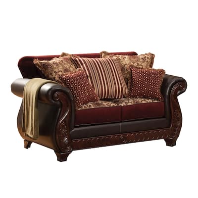 Fabric and Leatherette Love Seat with Rolled Arms Design in Burgundy