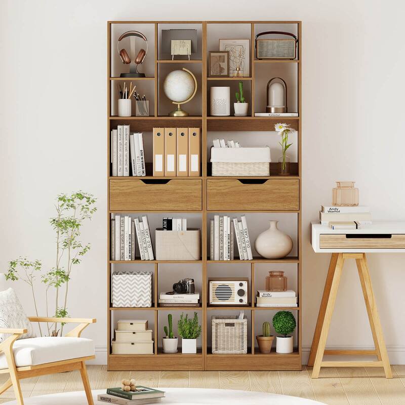 Costway 1/2 PCS 71” Bookcase with Drawer 10 Open Cubes Anti-toppling