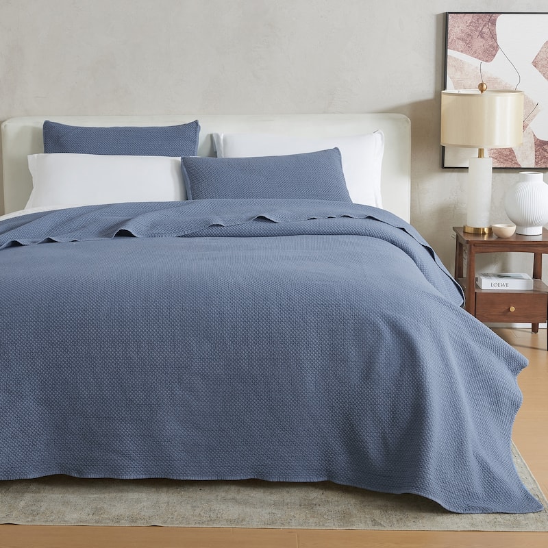 Linery & Co. Soft Stonewashed Stitched Lightweight Quilt Set - Denim Blue - King