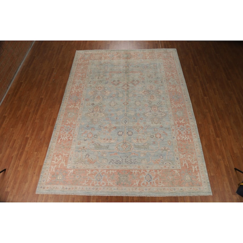 Hand Knotted Oriental 100% Wool Carpet Transitional All-Over Navy Blue & Blues Oushak Area Rug - 12' 2'' X 9' 0''