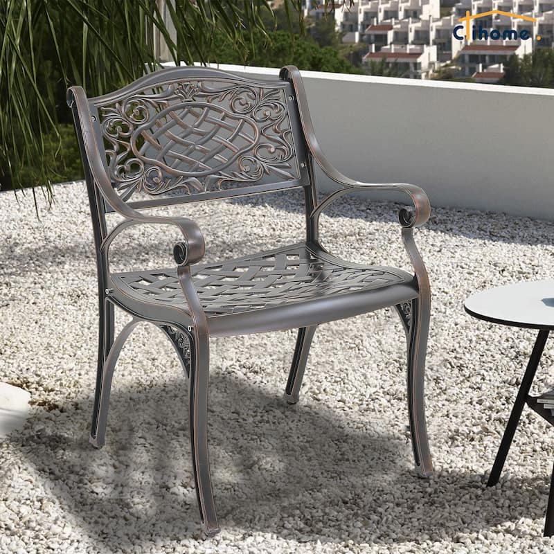 Clihome Outdoor Patio Cast Aluminum Arm Dining Chair (Set of 2) - Brown