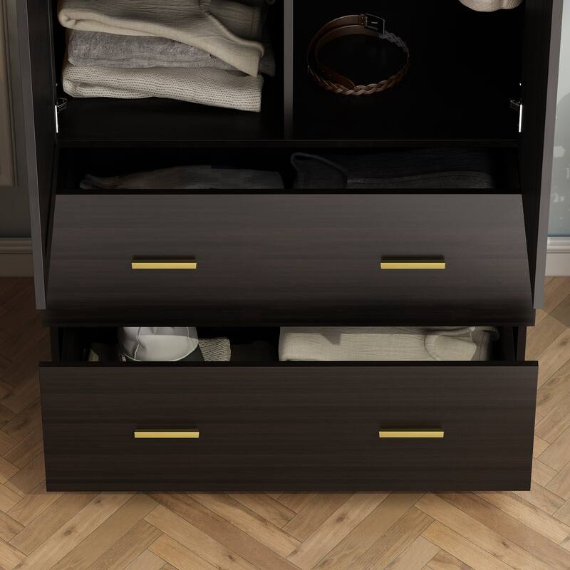 31.5"W x 72"H Two Door Wardrobe With Mirror White/Dark Brown Armoires - 31.5"W x 72"H