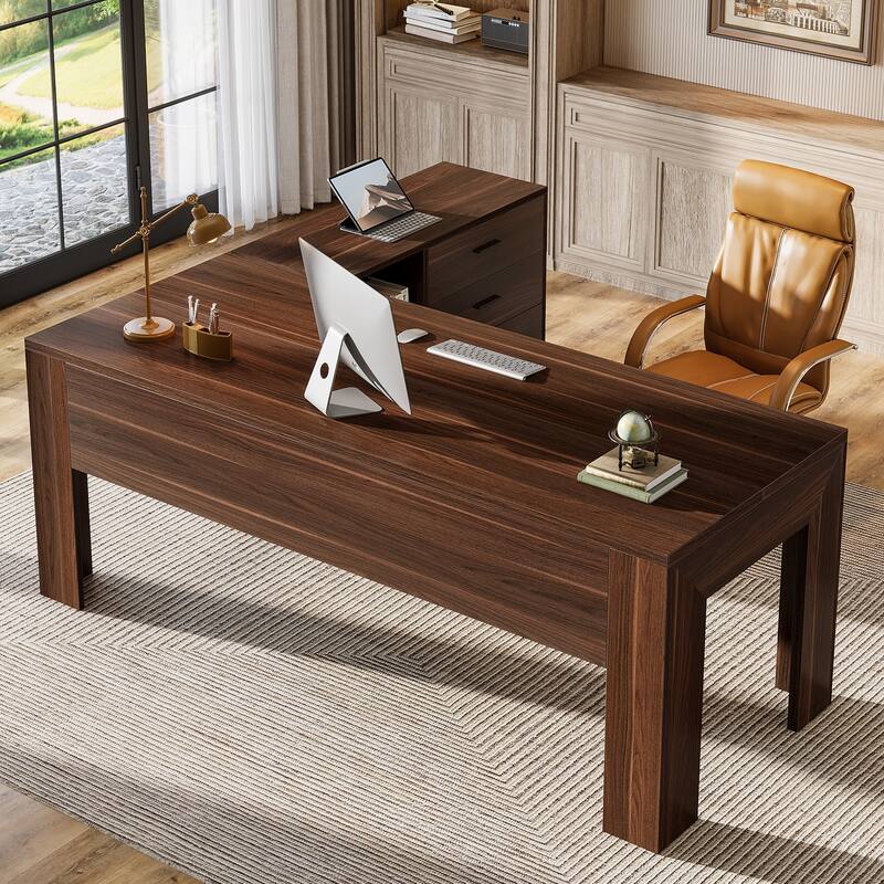 63" L Shaped Executive Office Desk with Mobile Lateral File Cabinet