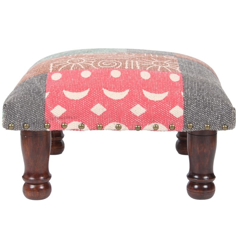 HERAT ORIENTAL Handmade Kilim Upholstered/Cushioned Wood Footstool - 16"Lx16"Wx8"H - Grey
