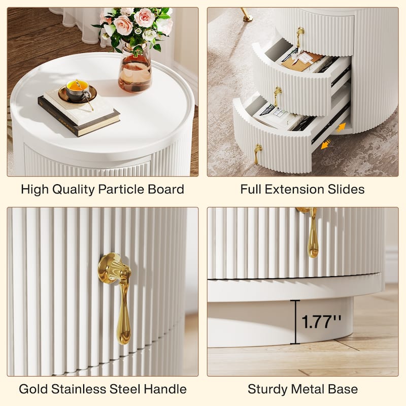 Modern Nightstand with 3 Drawers, No Assembly Round End Table Bedside Table for Bedroom, White