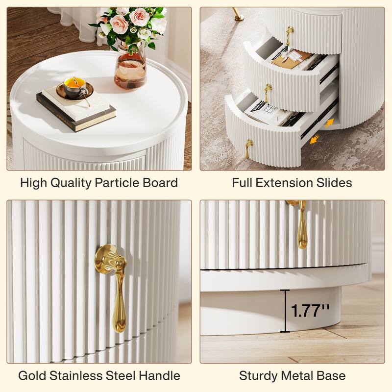 Modern Nightstand with 3 Drawers, No Assembly Round End Table Bedside Table for Bedroom, White