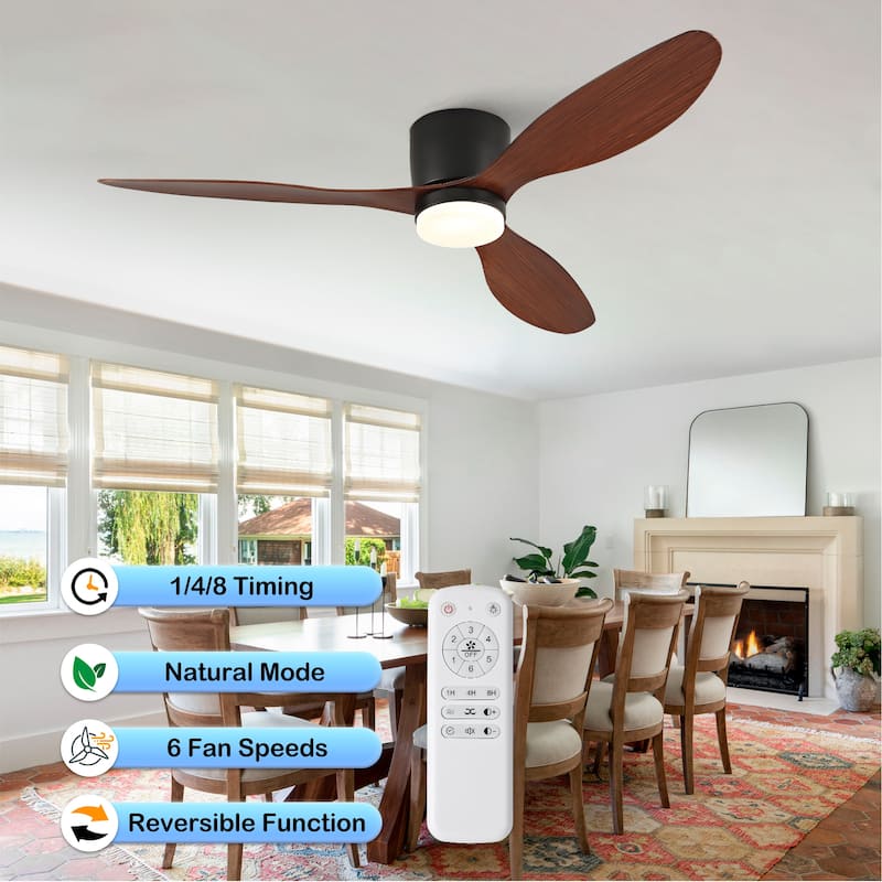 52-inch Ceiling Fan with Light, Ultra-Slim Flush-Mount Design, 3 ABS Plastic Blades, Remote Control Included